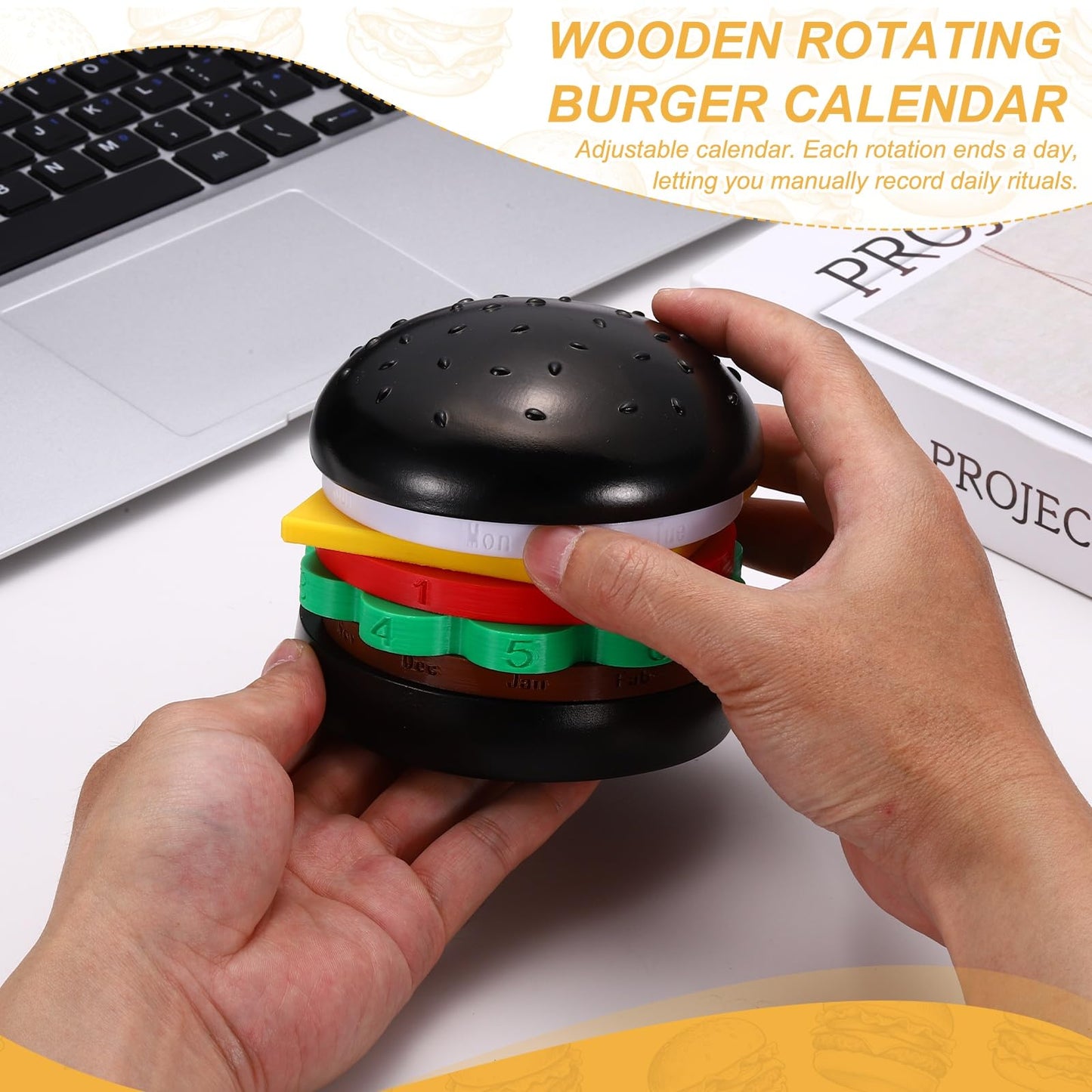PATIKIL Wooden Rotating Burger Calendar, Perpetual Calendar Desktop Creative Desk Organizer Fun Tabletop Decor Table Ornament for Office Home, Black