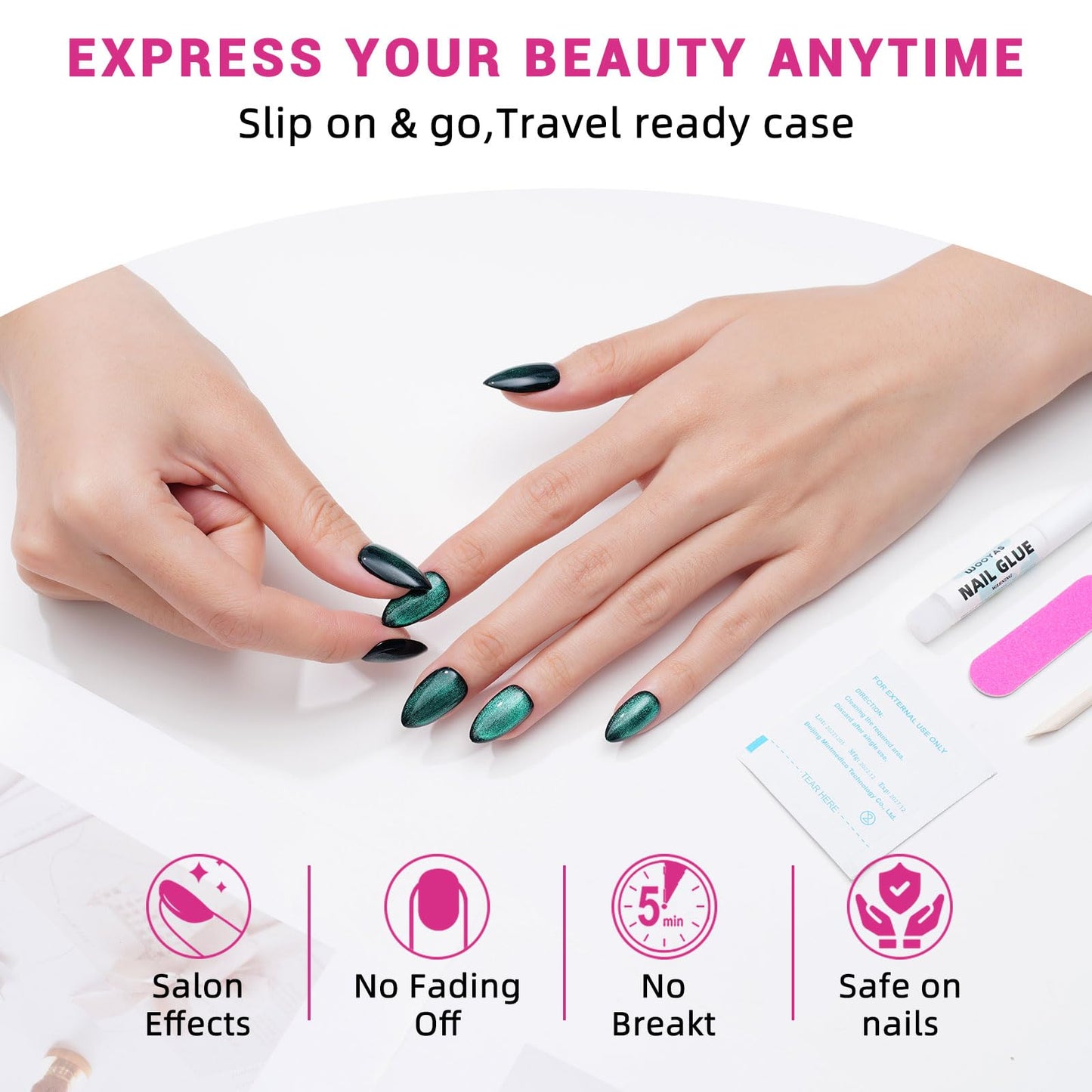 Press On Nails Short Almond,WOOYAS Green Cat Eye False Nails,Magnet Cat Eyes Glue on Nails Full Cover Stick on Nails for Women,Emerald