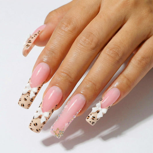 Extra Long Press on Nails Curved Handmade Square Fake Nails French Tip Artificial Nail with Bow and Leopard Designs False Nails Sparkly Pink Full Cover Stick on Nail for Women 10Pcs(Size M)
