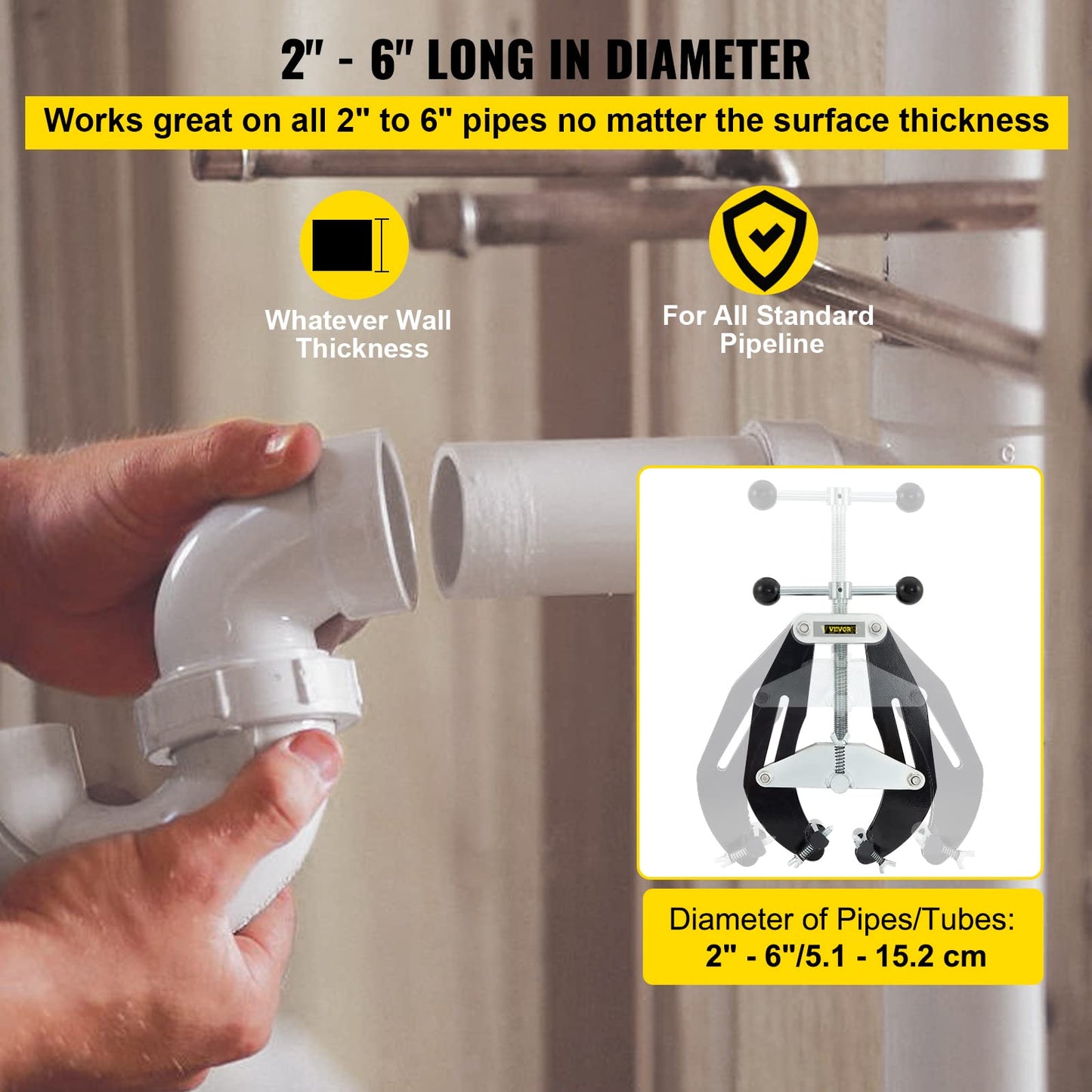 VEVOR Pipe Clamp, 2-6 in, Ultra Clamp with Quick Acting Screws & Locking Chain Pliers, Removable 48 in Chain, Holds 14 in Diameter Pipes