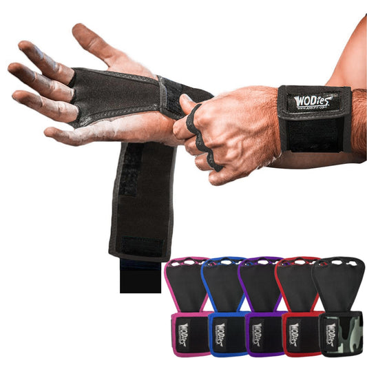 JerkFit WODies Gymnastics & Weightlifting Grips with Wrist Wraps – 3 Hole Versatile Gym Gloves for Pull Ups, Gym Training & Cross Training – Hand Grips Palm Protector for Men & Women (Black, S)