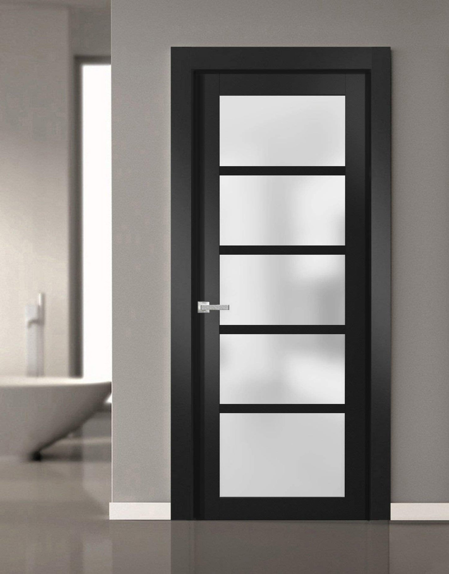 Sartodoors Quadro 4002 | 32 x 96 | Black Matte Interior Single Swing Door with Frosted Glass | Solid MDF Door in Modern French Style | Hardware Included