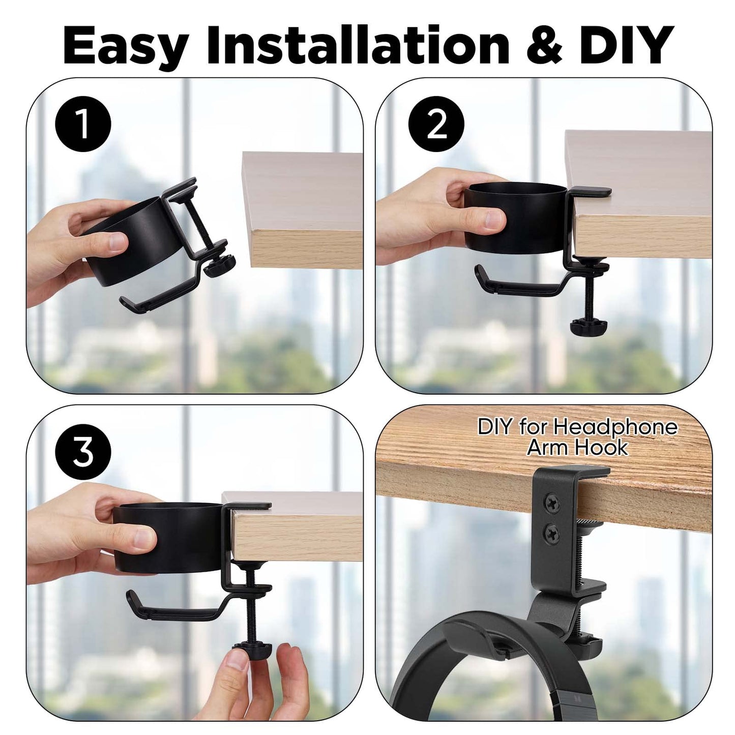 OOKUU 2 in 1 Desk Cup Holder with Headphone Hanger, Anti-Spill Cup Holder for Desk or Table, Easy to Install, Sturdy and Durable, Enough to Hold Coffee Mups, Water Bottles, Headphones