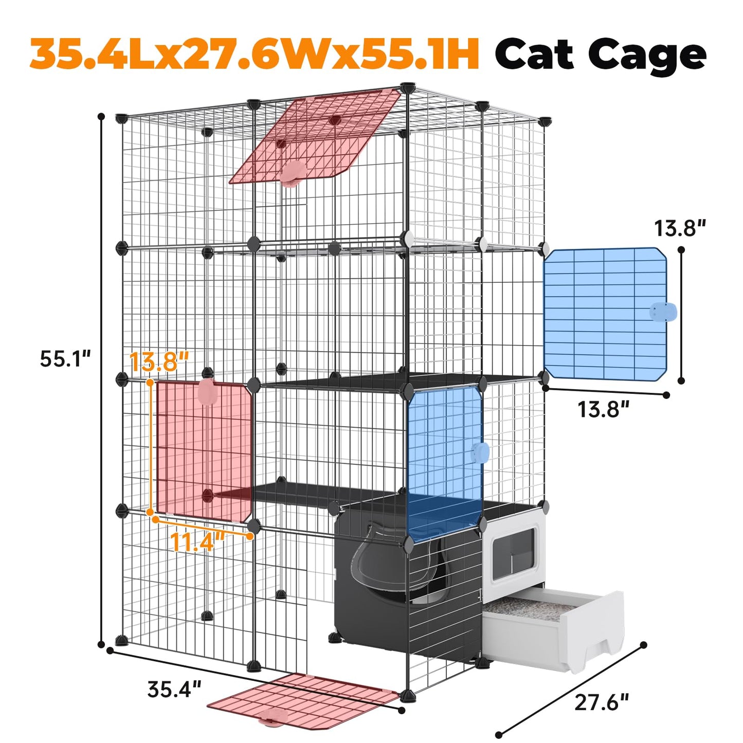 Oneluck Cat Cage with Litter Box, 4-Tier DIY Enclosures Detachable Metal Wire Kennel Catio Indoor Crate Large Exercise Place Ideal for 1-2 Cats