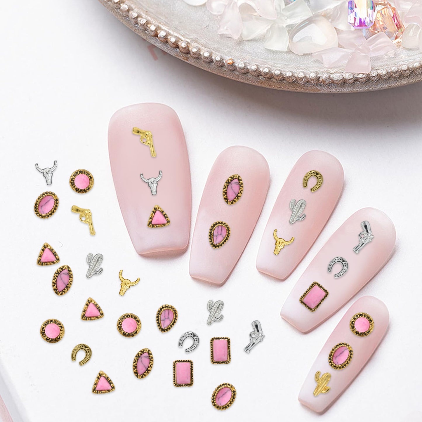 50 PCS Western Nail Charms - Pink Turquoise Nail Gems Stone 3D Vintage Western Art, Retro Pink Marble Cowgirl Charms Gems Metal Gold Silver Art Jewelry Gifts for Women DIY