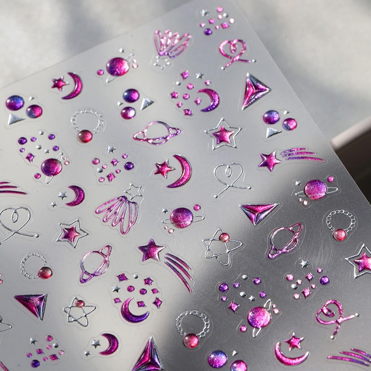 5D Embossed Star Nail Art Stickers Pink Purple Nail Decals Shiny Moon Heart Designs Self-Adhesive Star Moon Planet Nail Stikcers DIY Manicure Decoration - Nail Art Supplies for Women