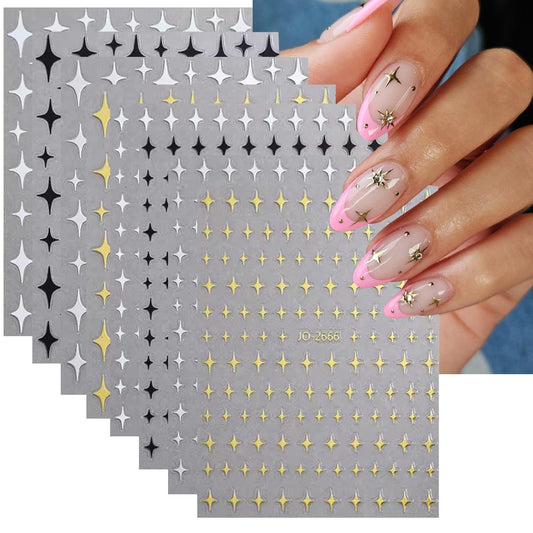 8Sheets Star Nail Stickers for Nail Art 3D Glitter Star Shiny Gold Silver White Black Stars Nail Art Sticker Star Light Nail Design Nail Supplies Stars Sticker for Women DIY French Manicure Decoration