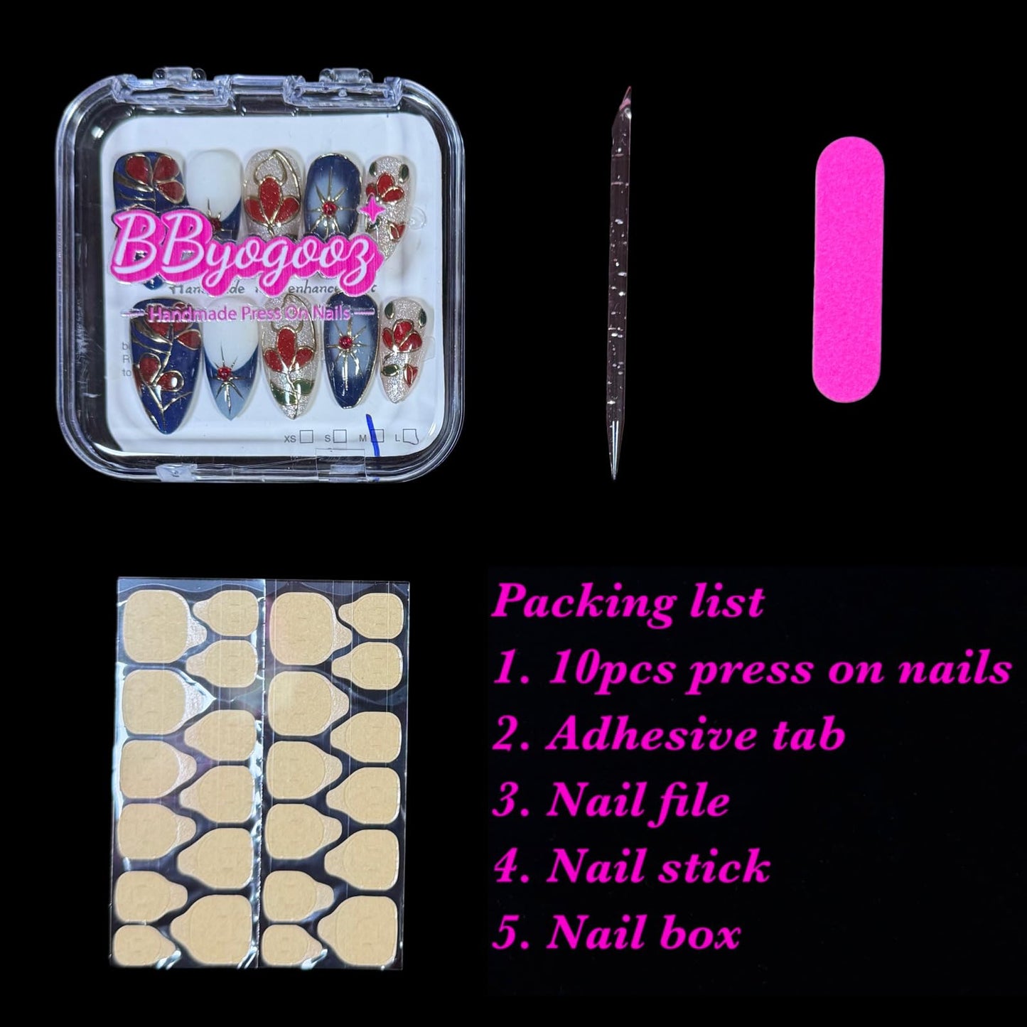 Handmade Press On Nails, Medium Almond Hand-Painted Floral Design, Luxury Blue & Red Art with Gold Outline Design, Reusable Acrylic Fake Nails Set Enamel (S)