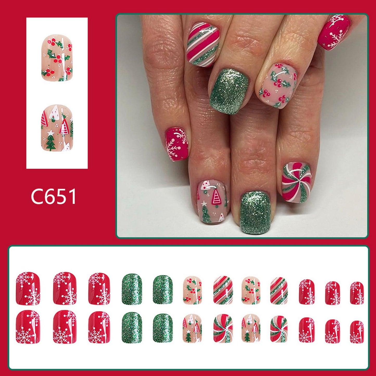 144 Pcs 6 Styles Christmas Press on Nails Kit Short Fake Nails Xmas Tree Snowflake Elk Santa's Hat Designs French Tip Sparkly Acrylic Nails Full Cover Glitter False Nail Set for Women Nail Art DIY