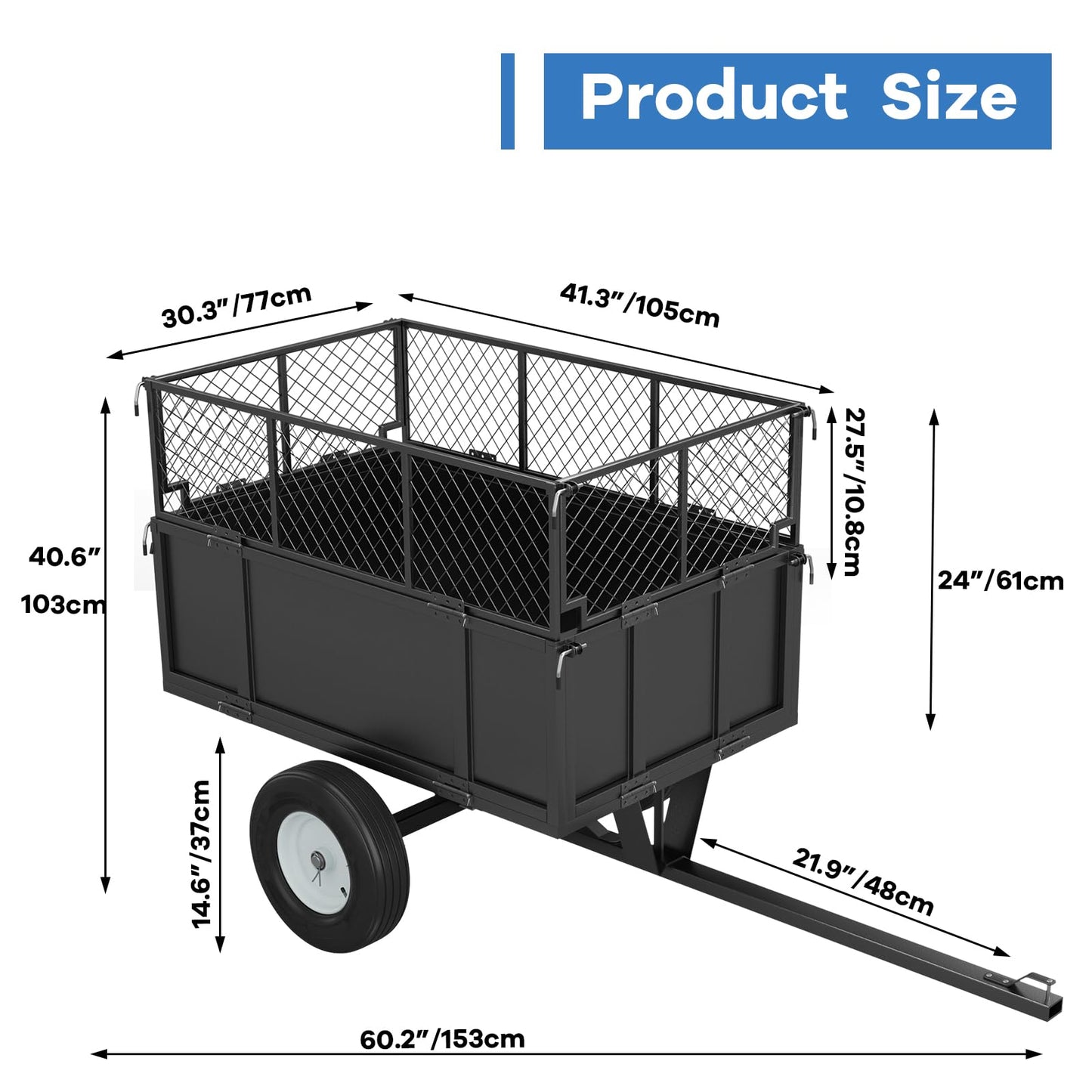Heavy Duty 750 LBS Utility Trailer – 17 Cu Ft ATV Dump Trailer with Removable Sides, Pneumatic Tires & Quick-Dump Pull-Behind Yard Cart for Tractors, UTV, Lawn Mowers