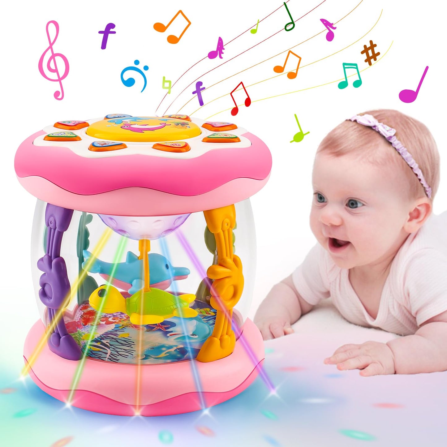 Baby Musical Light Up Toys Tummy Time Ocean Projector Rotating Infant 1 Year Old Toy Baby Aquarium Crawling Pink Toys Babies Girls 1 2 Year Old Birthday Newborn Gifts