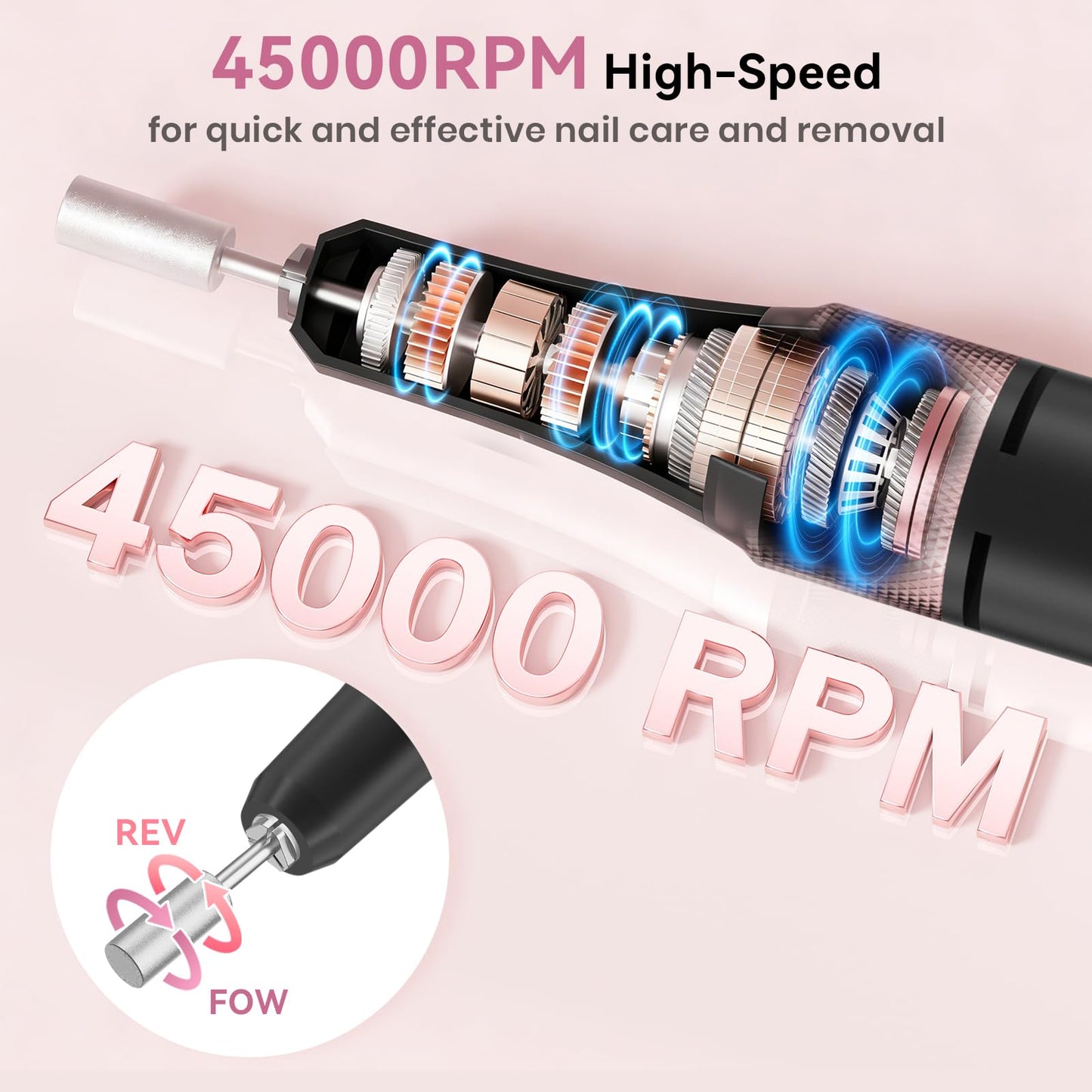 Professional Electric Nail Drill 45000RPM, Portable Nail File for Acrylic Gel Nails, Cordless Rechargeable Salon-Grade Ultra Power Nail Drill Kit for Shaping, Polishing & Removing Gel Nails,Black