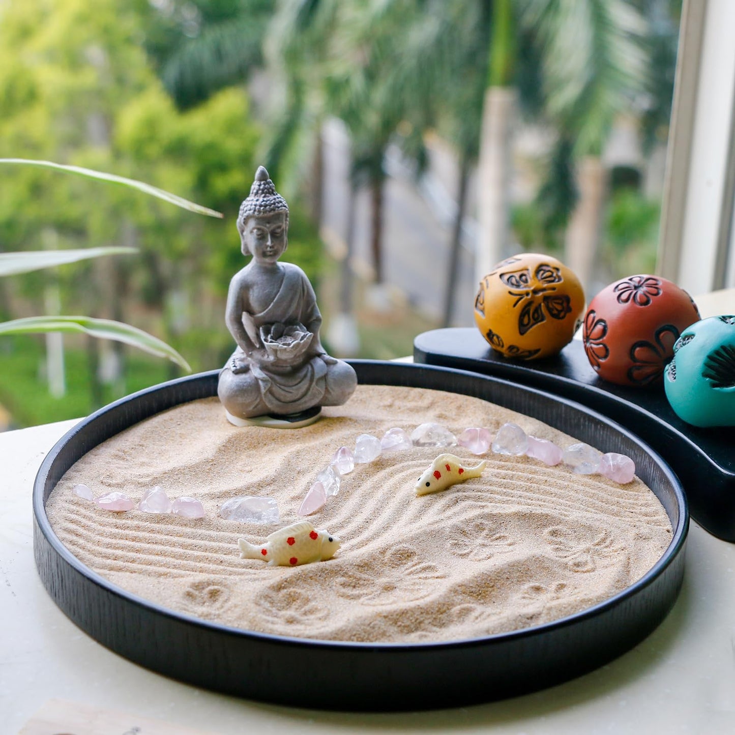 Japanese Meditation Buddha Zen Garden Kit - Tabletop Crystal Rock Sand Garden for Desk Sandbox w/Zen Rake Stamp Spheres Accessories Tools Healing Stone Office Relaxation Decor Gift