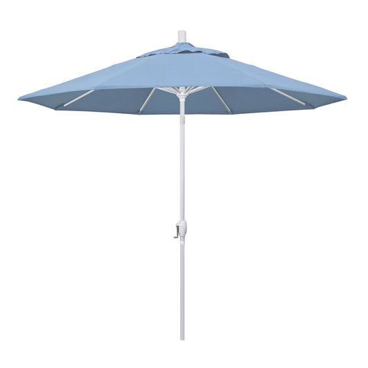 California Umbrella 9' Round Aluminum Market Umbrella, Crank Lift, Push Button Tilt, White Pole, Air Blue
