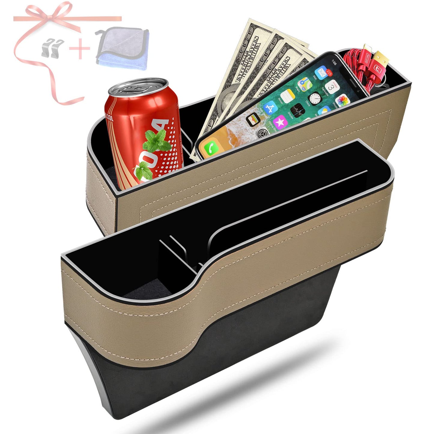 Car Seat Gap Filler Organizer, 2 Pack Multifunctional Auto Console Side Storage Box with Cup Holders 2 Seat Hooks for Drink, Car Organizer Front Seat for Holding Phone, Sunglasses