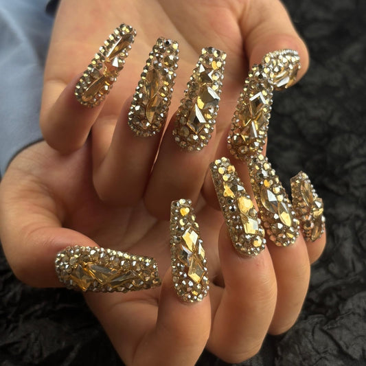 AKA Unicorn Trendy Handmade Press On Nails Long Square Shape,10Pcs Shimmery Acrylic Fake Nails with 3D Champagne Rhinestone Luxury Design Stick On Nail for Woman Gift