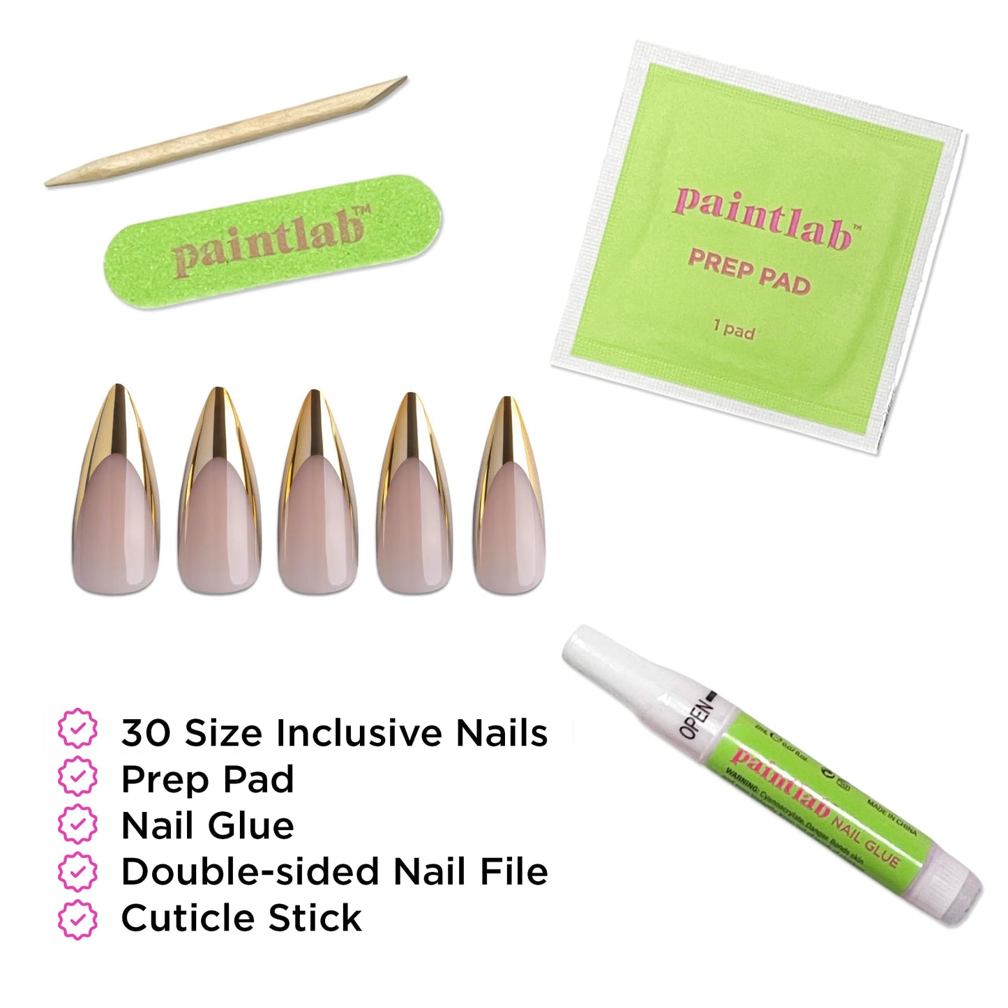 PaintLab Press On Nails - Gold Chrome Stiletto Fake Nails, 30 Nails in 15 Sizes with Glue, Reusable Salon Quality Chrome Press On Nails