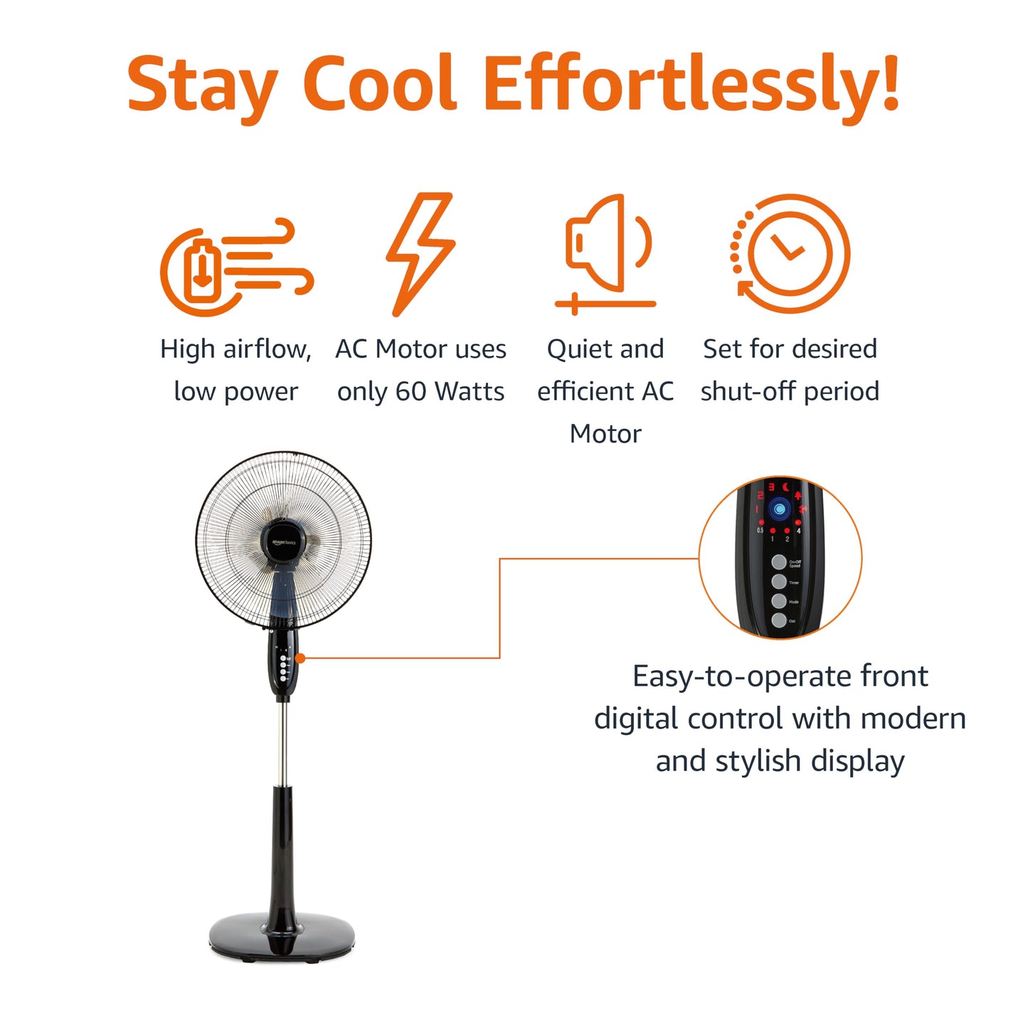 Amazon Basics 16" Pedestal Fan with Remote for Bedroom, Living Room, Office, Adjustable Height, Dual-Layered Blades, 3 Speeds, 3 Modes, Timer, Tilt Head, 60W, Black