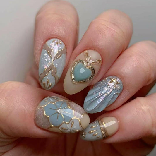 octoswave Press on Nails Medium Almond Fake Nails 3D Artificial Nail Blue Love Gold Charm Stick on Nail for Women 30pcs