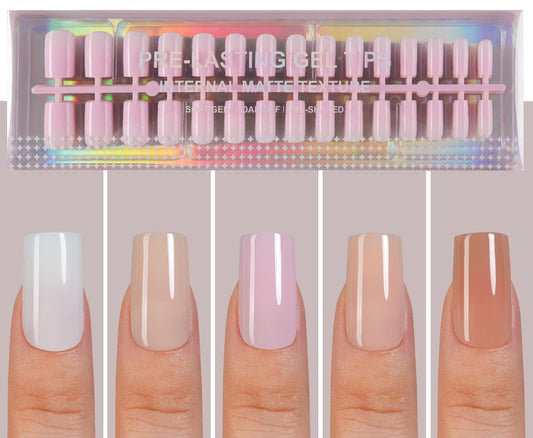 Plauva Short Square Press On Nails, 5 Colors Pre-Lasting Soft Gel Nails Tips, 150Pcs Natural Fake Nails for Nail Art DIY 15 Sizes