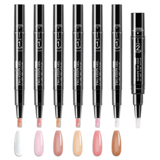 Love easy 2 Step Nail Polish Pens Set, 6 Pcs Nude Natural Color Builder Base 1 Piece Top Coat Fingernail Toenail Gel Series for Women, Hema Free High Gloss Long Last Portable Ideal Gift (U V Needed)