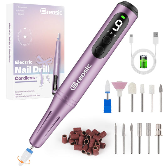 Breosic Electric Nail Drill Professional 35000RPM,Rechargeable Electric Nail File Cordless with 9-Speed & LED Display,12-in-1 Portable Manicure Pedicure kit for Acrylic Gel Dip Powder Nails (Purple)