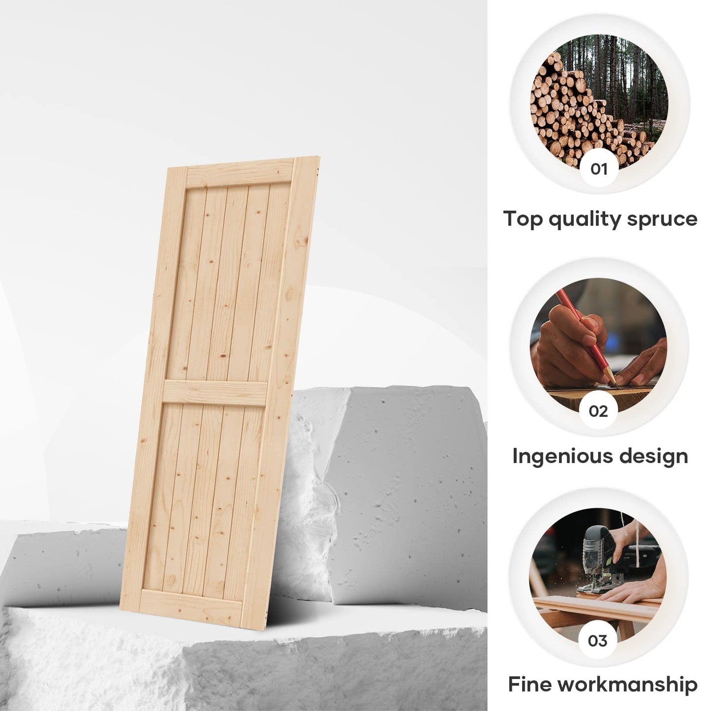 EaseLife 30in x 84in Sliding Barn Wood Door,Interior Doors,DIY Assemblely,Solid Natural Spruce Panelled Slab,Easy Install,Apply to Rooms & Storage Closet,H-Frame