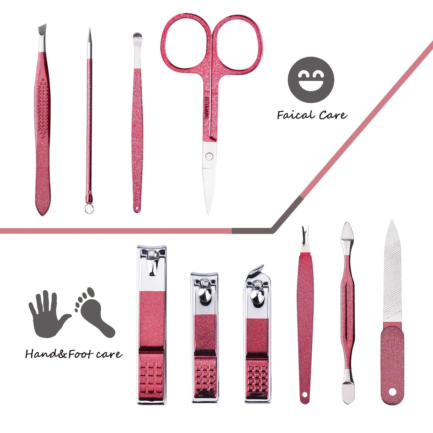 HANTEKAS Manicure Set 10 in 1 Stainless Steel, Nail Clippers Scissors Pedicure Tools Kit - Portable Travel Grooming Kit for Men and Women with Leather Case (Rose Red)