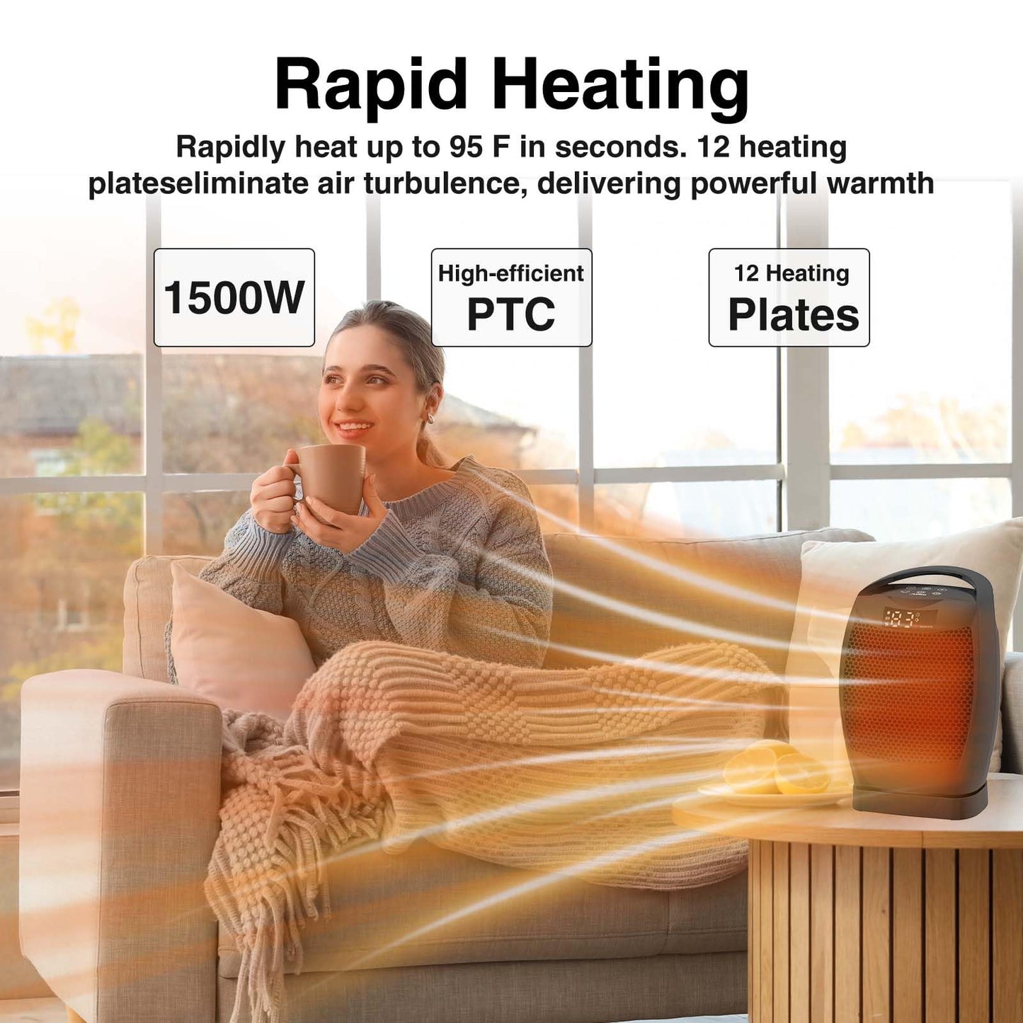 Portable Electric Heaters for Indoor Use - JNDRO 1500W PTC Ceramic Space Heater with Thermostat and Remote, Overheat and Tip-Over Protection, 70°Oscillation, Quick Heating for Home, Office, Bedroom