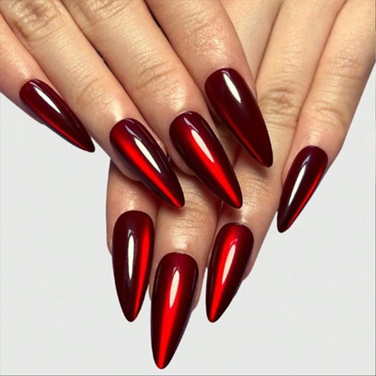 Red Press on Nails Long Almond Fake Nails Halloween False Nails with Design Red Cat Eye Glue on Nails Full Cover Stick on Nail Shiny Glitter Artificial Acrylic Nail for Women Manicure 24Pcs