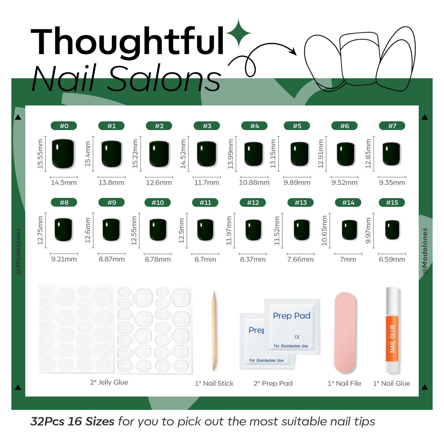 Modelones Extra Short Press on Nails, Dark Green Squoval Fake Nails, Reusable Nail Kit with Nail Glue Adhesive Tabs Mini Nail File, Nails Press Ons 32Pcs 16 Sizes, Women Girl Gift