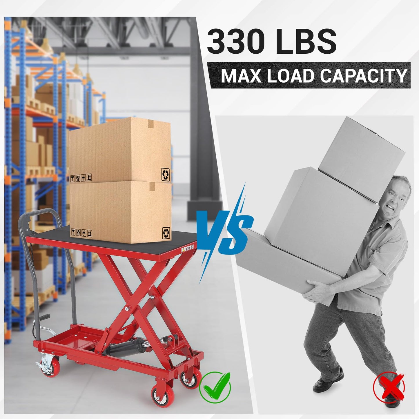 Hydraulic Lift Table Cart, 330lbs Capacity 28.5" Lifting Height Hydraulic Table Cart, Single Scissor Lift Table with Non-Slip Pad for Material Handling and Transportation, Red