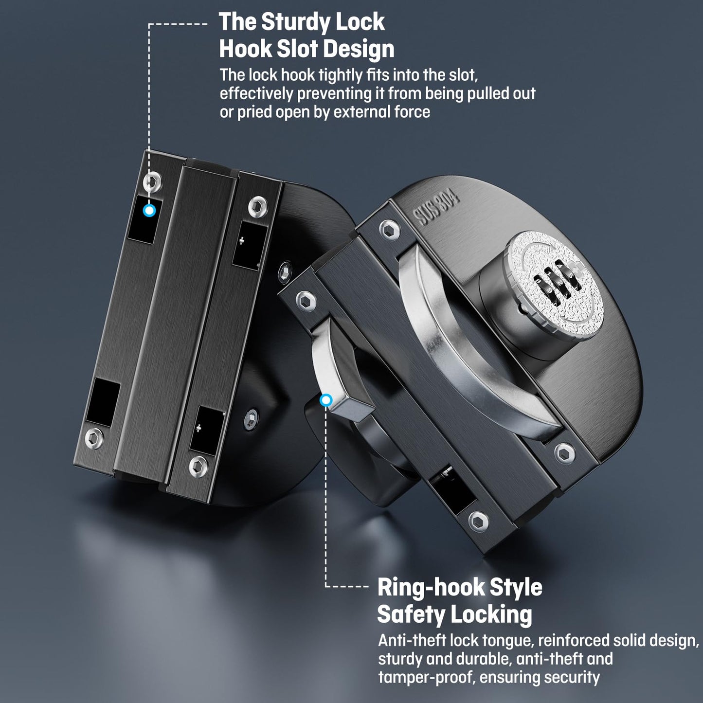 Ranbo Frameless Mechanical Combination Glass Door Lock, No-Drill Installation, Fits 3/8''–1/2'' Thick Tempered Panels, Brushed Black Finish, for Double Swing Glass Doors, Home & Commercial Use