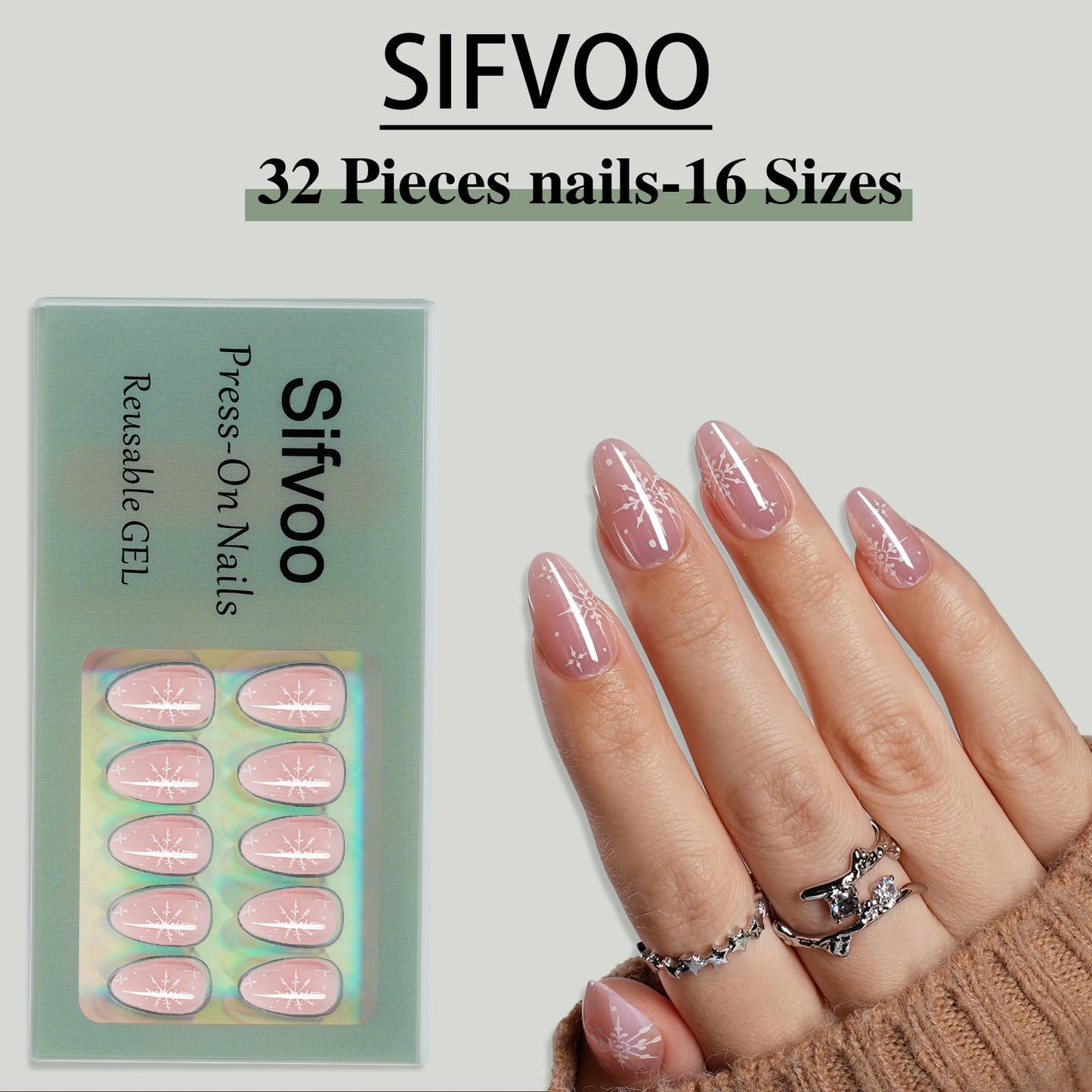Sifvoo Pink Press On Nails Short Almond with Chrome Accent Design, Glossy Reusable Press On Nails for Women, 32 Count 16 Sizes Nail Kit with Glue (SV-15)