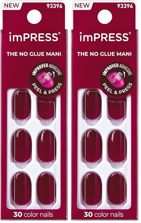 Kiss Impress No Glue Mani Press On Nails, Color, 'Maplewood', Red, Short Size, Oval Shape, Includes 30 Nails, Prep Pad, Instructions Sheet, 1 Manicure Stick, 1 Mini File (Pack of 2)