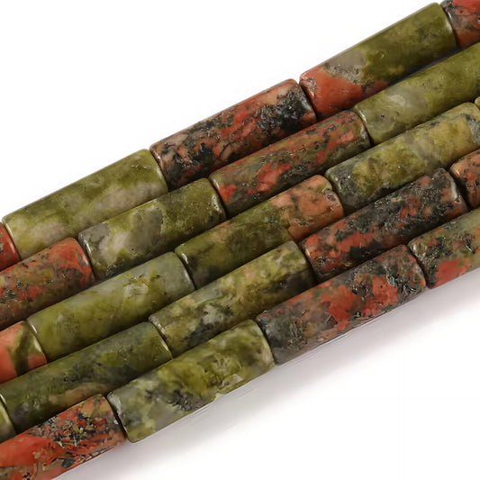 HAAMIIQII Natural Green Unakite Jasper Tube Beads 13x4mm Column Stone Cylinder Gemstone Loose Beads for Jewelry Making Strand 15 Inch (28-29pcs)