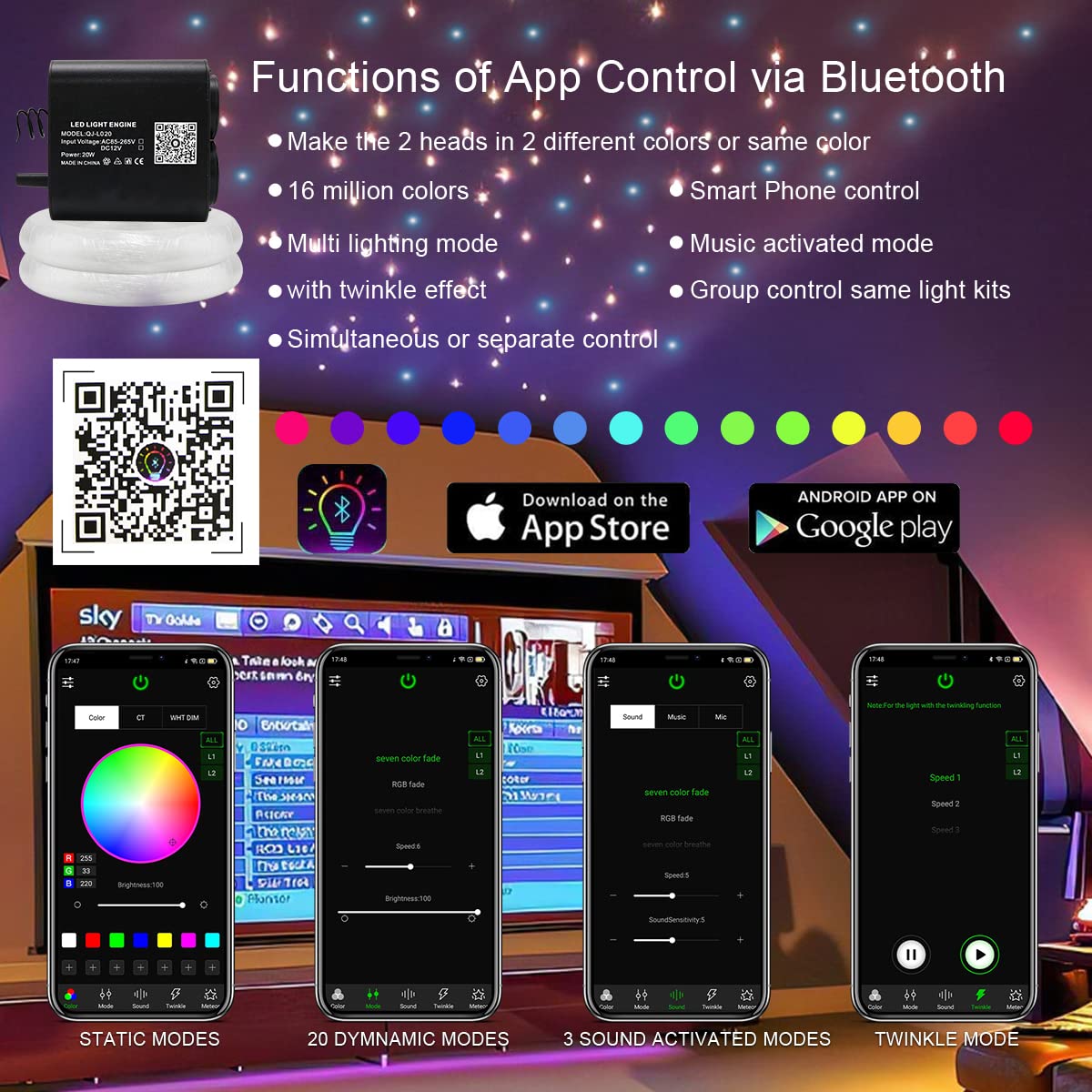 AKEPO 20W Dual-Head APP Twinkle RGBW Fiber Optic Lights, 1300pcs 0.03in 13.1ft/4m Fiber Strands Sound Activated Dual Color Fiber Optic Star Ceiling Light Kit for Car Headliner Star/Home