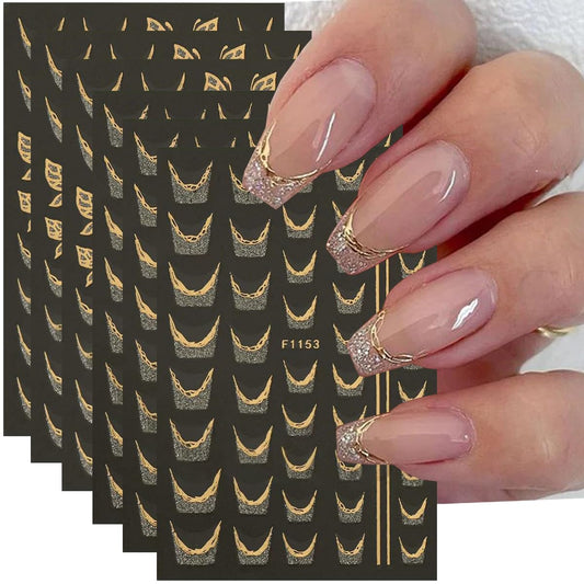 French Line Nail Art Stickers Golden Glitter French Tip Nail Decals Nail Art Supplies 6PCS Stripe Tape Wave Butterfly Nails Adhesive Sliders Manicure Sticker for Nails Women Daily DIY Nail Decorations