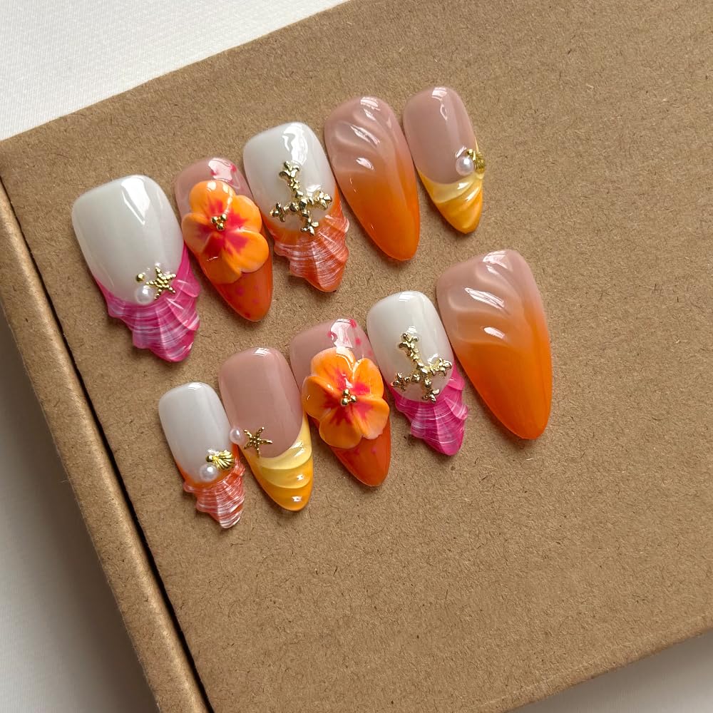 Press On Nails - French Tips Almond Handmade Unique Fake Nails, Orange and Pink Pairing, Thick Acrylic and Muti-Layer Gel False Nails, Reusable Gel Cured Sturdier 3D Fake Nails Set (Size S)