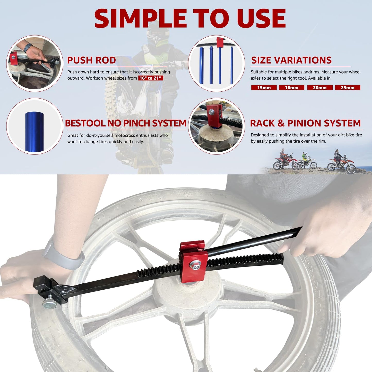 BESTOOL Dirt Bike Tire Changing Kit for Motocross, Enduro and Dirt Bikes - Dirt Bike Tire Changing Tool for 16" to 21" Wheels, Quick Mount Without Pinching Tubes - 15/17/20/25mm Axles