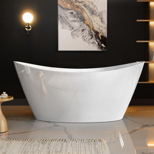 Empava 67" Luxury Freestanding Soaking Bathtub - Modern Oval Spa Tub for Deep Relaxation & Master Bathroom Sanctuary, High-Gloss Acrylic with Brushed Nickel Overflow and Drain, cUPC Certified