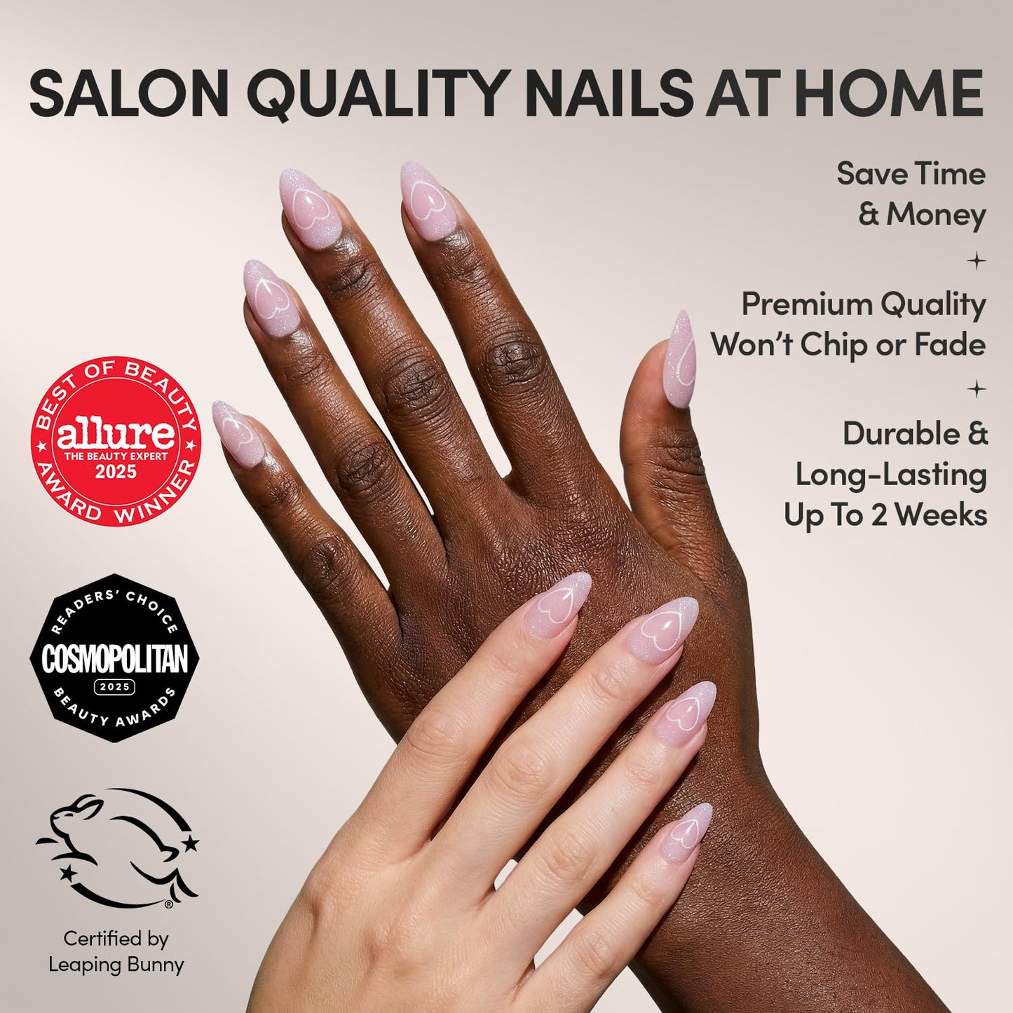 Glamnetic Press On Nails - Soulmate Energy Spring Nails | Short Almond Fake Nails in a Nude Pink Base with Cat-Eye Magnetic Heart Designs in a Velvet Finish | 15 Sizes - 30 Nail Kit with Glue