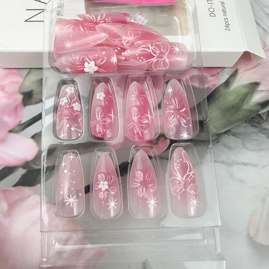 Mkwntg 24Pcs Pink Flower Press on Nails Medium Almond Fake Nails with 3D White Flower Bow Rhinestones Design Spring Summer Floral Acrylic False Nails Ombre Full Cover Stick on Nails for Women Decor