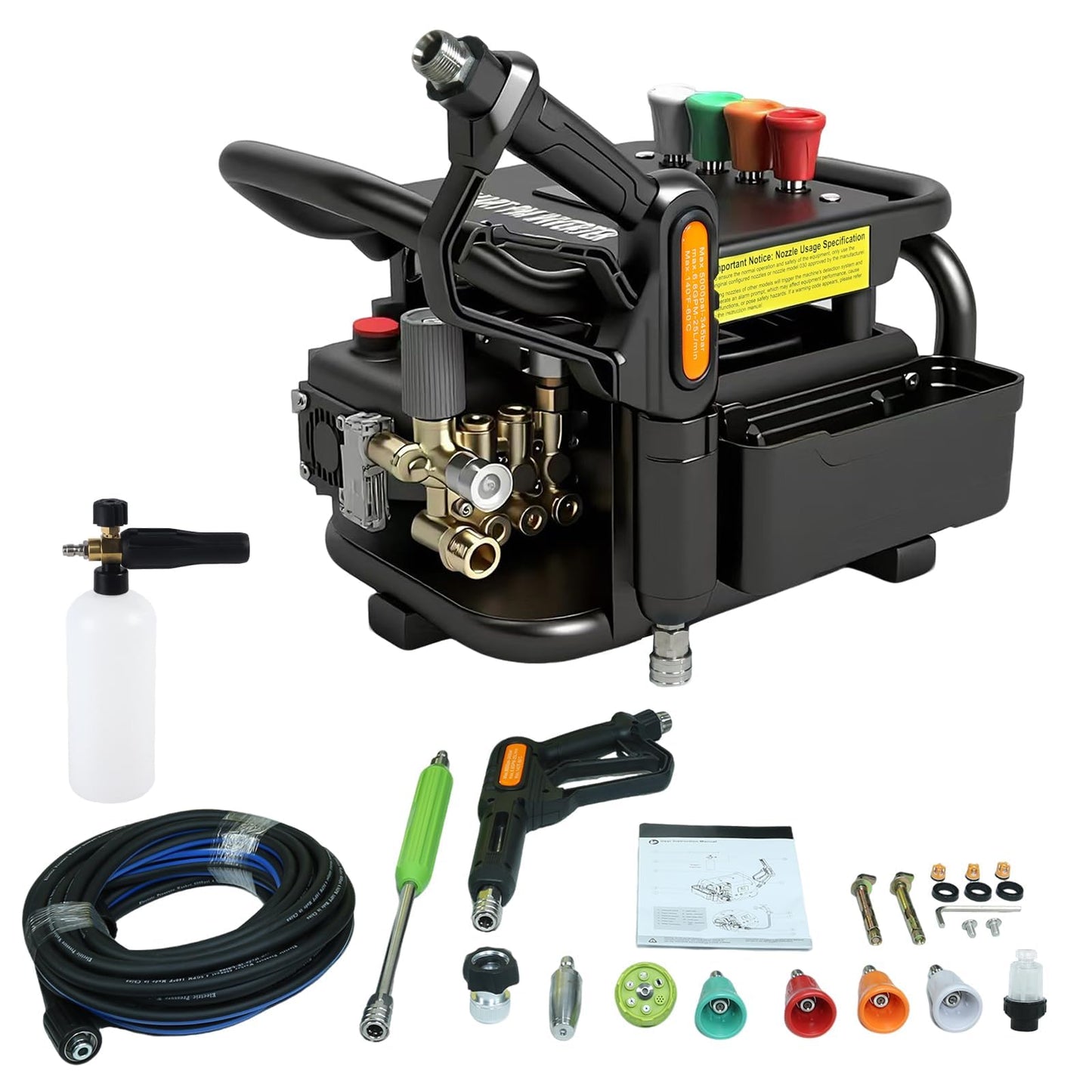 YOKING Pressure Washer, Max 150 bar, 12L/min, PM Inverter 3HP Motor,Horizontal Triplex Pump,60dB Quiet,with 7 Nozzles, Power Washer for Patios, Decks, & Sidewalks