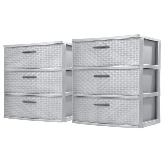 Sterilite 2-Pack 3-Drawer Wide Weave Tower, Storage Closet Organizer, Cement - Plastic Drawers and Containers for Bedroom, Cabinet, Clothes, Dresser, and Kitchen Pantry Organization