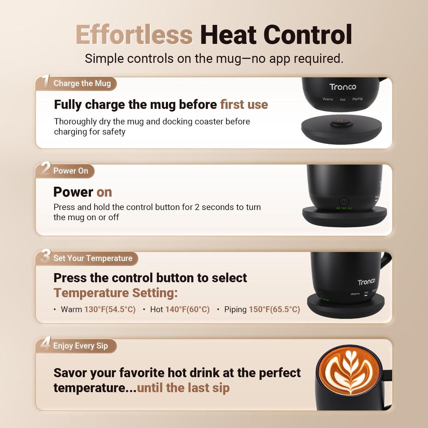 Tronco Temperature Control Heated Coffee Mug 14 oz – Rechargeable Self-Heating Coffee Mug with Lid – Manual Control, 3 Modes, 130 Min Battery Life, Auto Shut-Off (Blue)