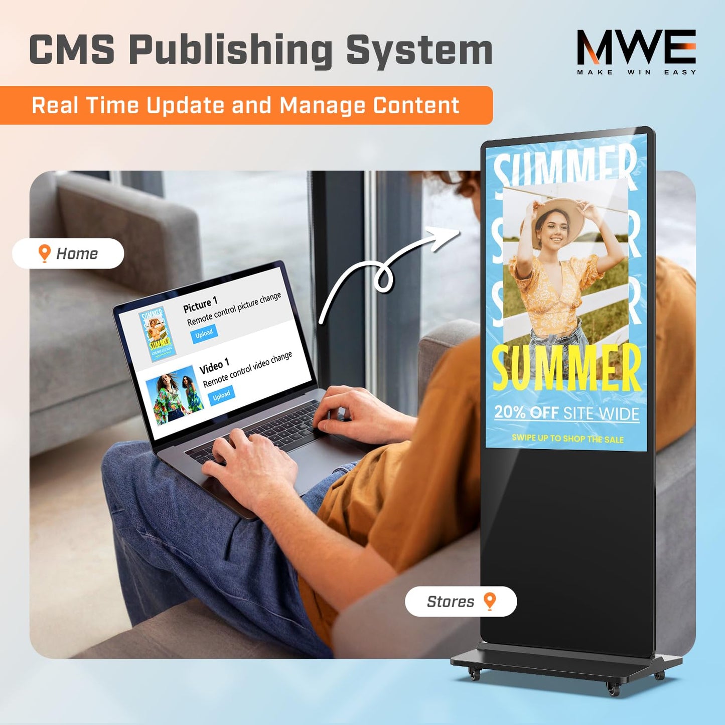 QIXZOCV MWE 65 Inch 4K Digital Signage Display Kiosk, Indoor Floor Standing Advertising Display Poster, LCD Commercial Display with Auto Media Player, Android System, HDMI/USB/WiFi