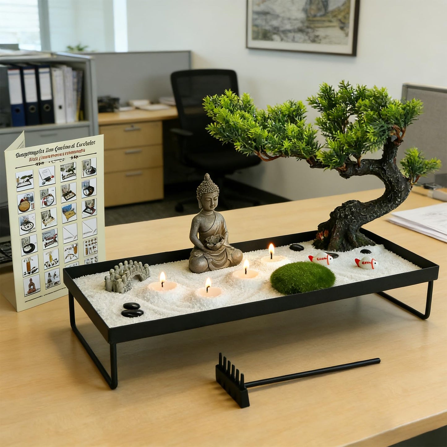 Zen Garden Kit for Desk - Pine Zen Dual Sand Garden(with 50pcs Wicks) Japanese Decor Zen Gift Set for Home, Office Desktop 11x8in Sand Tray Therapy Kit Zen Meditation Accessories