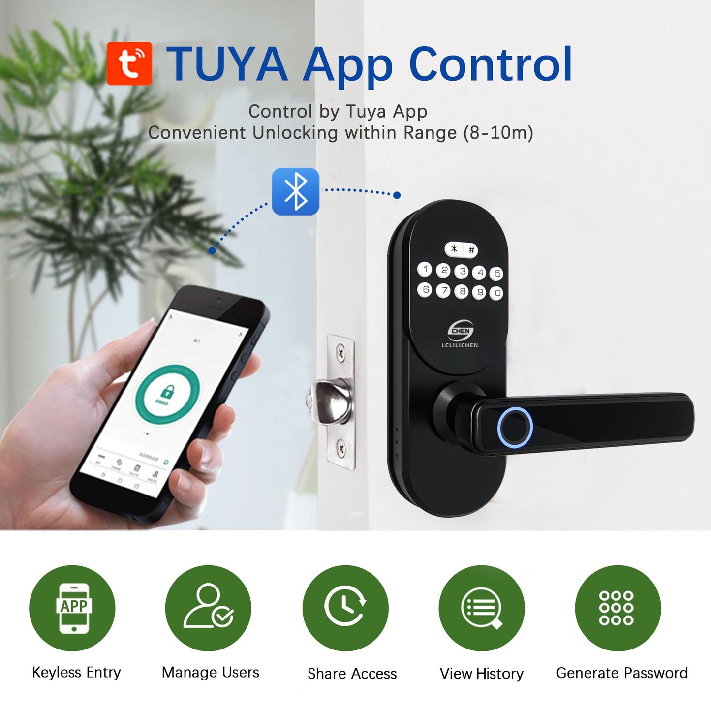 CHEN LCLILICHEN Keyless Entry Door Lock with Handle, Smart Fingerprint Deadbolt, APP Control & Keypad Password Unlock for Front Door, Home, Apartment