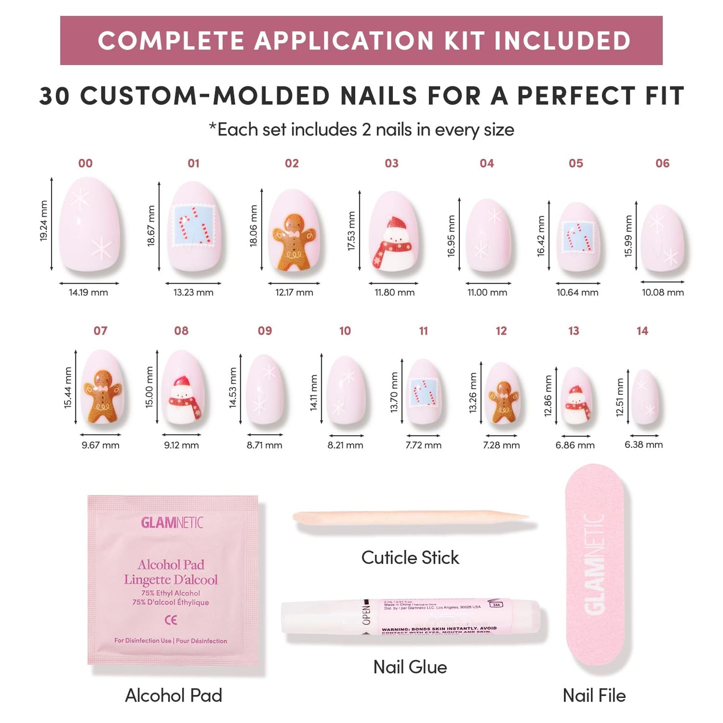 Glamnetic Press On Nails – Cocoa & Kisses | Short Oval Fake Nails in Nude Base with Festive Winter Graphics, Glossy Finish, Salon Quality Holiday Nails | 15 Sizes, 30 Nail Kit with Glue